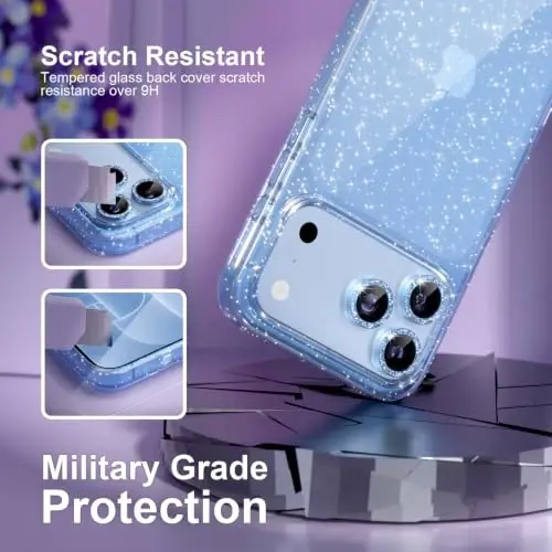 Choiche for iPhone 18 Pro Max Case Clear Women (Glitter Glacier Blue) | Cute Glitter Bling Sparkly Phone Case, [3 x Diamond Camera Lens Protectors] [2 x Tempered Glass Screen Protectors] 6.9-inch - 5