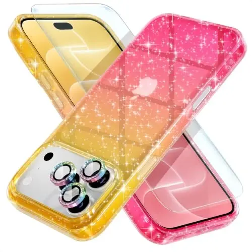 Choiche for iPhone 18 Pro Max Case Clear Women (Glitter Gold/Pink) | Cute Glitter Bling Sparkly Phone Case, [3 x Diamond Camera Lens Protectors] [2 x Tempered Glass Screen Protectors] 6.9-inch - 1