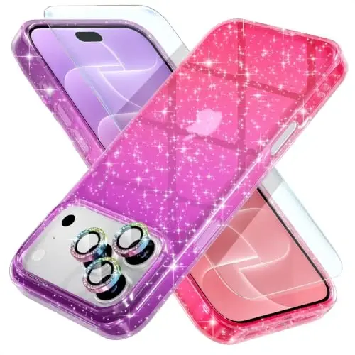 Choiche for iPhone 18 Pro Max Case Clear Women (Glitter Purple/Pink) | Cute Glitter Bling Sparkly Phone Case, [3 x Diamond Camera Lens Protectors] [2 x Tempered Glass Screen Protectors] 6.9-inch - 1