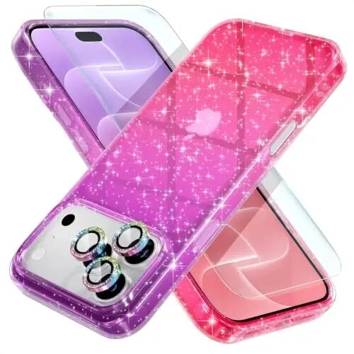 Choiche for iPhone 18 Pro Max Case Clear Women (Glitter Purple/Pink) | Cute Glitter Bling Sparkly Phone Case, [3 x Diamond Camera Lens Protectors] [2 x Tempered Glass Screen Protectors] 6.9-inch - Choiche
