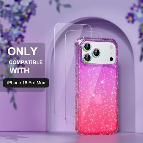 Choiche for iPhone 18 Pro Max Case Clear Women (Glitter Purple/Pink) | Cute Glitter Bling Sparkly Phone Case, [3 x Diamond Camera Lens Protectors] [2 x Tempered Glass Screen Protectors] 6.9-inch - 2