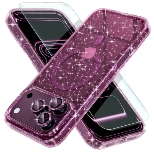 Choiche for Phone 18 Pro Case Compatible MagSafe, Glitter Burgundy | Women Girly Cute Glitter Sparkly Magnetic Phone Case with Diamond Camera Lens Protectors, Military-Grade Drop Protection 6.3