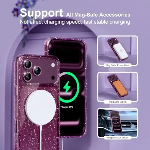 Choiche for Phone 18 Pro Case Compatible MagSafe, Glitter Burgundy | Women Girly Cute Glitter Sparkly Magnetic Phone Case with Diamond Camera Lens Protectors, Military-Grade Drop Protection 6.3