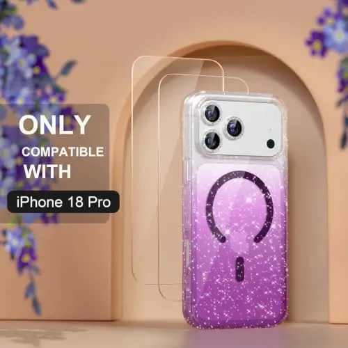 Choiche for Phone 18 Pro Case Compatible MagSafe, Glitter Clear/Purple | Women Girly Cute Glitter Sparkly Magnetic Phone Case with Diamond Camera Lens Protectors, Military-Grade Drop Protection 6.3