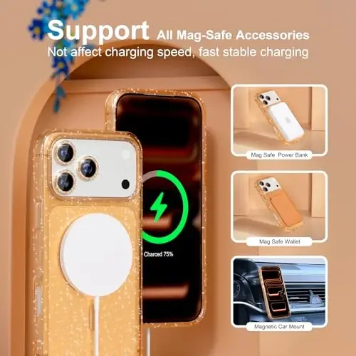 Choiche for Phone 18 Pro Case Compatible with MagSafe, Glitter Gold | Women Girly Cute Glitter Sparkly Magnetic Phone Case with Diamond Camera Lens Protectors, Military-Grade Drop Protection 6.3