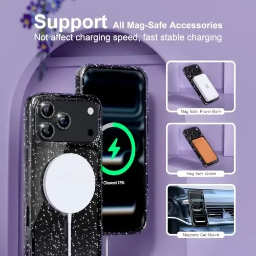 Choiche for Phone 18 Pro Max Case Compatible with MagSafe, Glitter Black | Women Girly Cute Glitter Sparkly Magnetic Phone Case with Diamond Camera Lens Protectors, Military-Grade Drop Protection 6.9