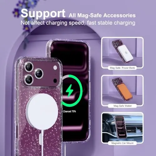 Choiche for Phone 18 Pro Max Case Compatible with MagSafe, Glitter Clear | Women Girly Cute Glitter Sparkly Magnetic Phone Case with Diamond Camera Lens Protectors, Military-Grade Drop Protection 6.9