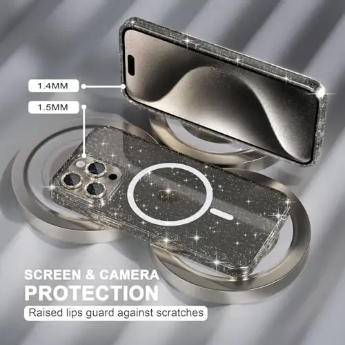Choiche için iPhone 15 Pro Kılıfı Manyetik, Kadın Şeffaf Parlıltılı Işıltılı Kılıf, [3xElmas Kamera Merceği Koruyucuları] [2xTemperli Cam Ekran Koruyucuları] [MagSafe Uyumlu] (Işıltılı Gri) - 10
