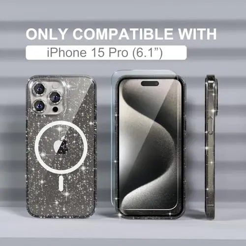Choiche için iPhone 15 Pro Kılıfı Manyetik, Kadın Şeffaf Parlıltılı Işıltılı Kılıf, [3xElmas Kamera Merceği Koruyucuları] [2xTemperli Cam Ekran Koruyucuları] [MagSafe Uyumlu] (Işıltılı Gri) - 2