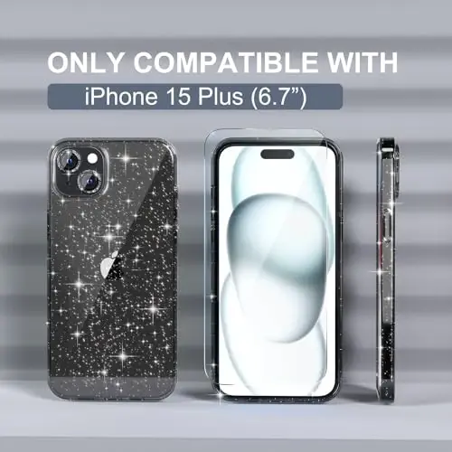 Choiche iPhone 15 Plus uchun mos keladigan ayollar telefon qutisi, yoqimli Bling Sparkly, harbiy darajadagi tushishdan himoya, 2 olmosli kamera linzalari qopqog'i, 2 закалённое shisha himoyachisi, 6,7 dyuym (Glitter Black) - CHOICHE (1)