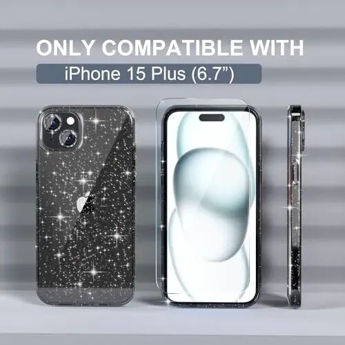 Choiche iPhone 15 Plus uchun mos keladigan ayollar telefon qutisi, yoqimli Bling Sparkly, harbiy darajadagi tushishdan himoya, 2 olmosli kamera linzalari qopqog'i, 2 закалённое shisha himoyachisi, 6,7 dyuym (Glitter Black) - 2