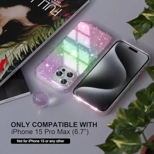 Choiche iPhone 15 Pro Max G'ilofiga mos ayollar telefon g'ilofiga, yoqimli yaltiroq, harbiy darajadagi himoya, 3 ta olmos kamera linzalari qopqoqlari, 2 ta temperli shisha himoya vositalari, 6,7 dyuymli (Yaltiroq rang-barang) - 2