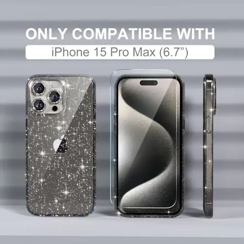 Choiche iPhone 15 Pro Max Kılıf ile Uyumlu Kadın Telefon Kılıfı, Sevimli Parlak Parıltılı, Askeri Sınıf Koruma, 3 Elmas Kamera Lens Kapağı, 2 Temperli Cam Koruyucu, 6.7 inç (Glitter Gri) - 2