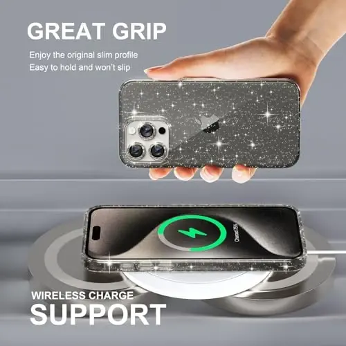 Choiche iPhone 15 Pro Max uchun g‘ilof, ayollar uchun telefon g‘ilofi, yoqimli yaltiroq, harbiy darajadagi himoya, 3 ta brilliant kamera linzasi qopqog‘i, 2 ta chiniqirilgan shisha himoyachi, 6.7 dyuym (Yaltiroq kulrang) - 6