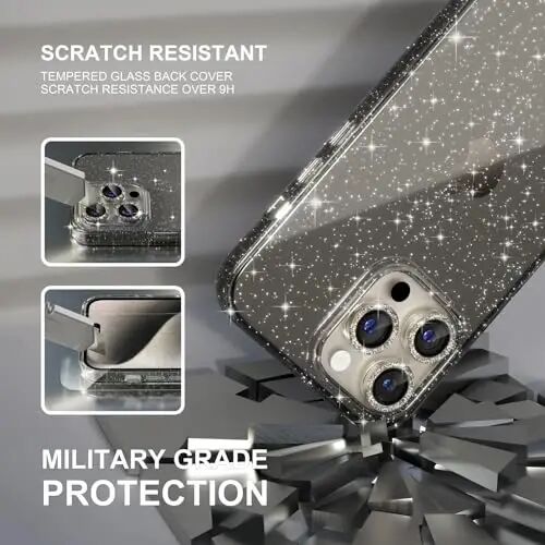 Choiche Compatible for iPhone 15 Pro Max Case Women Phone Case, Cute Bling Sparkly, Military Grade Protection, 3 Diamond Camera Lens Covers, 2 Tempered Glass Protectors, 6.7 inch (Glitter Gray) - 5