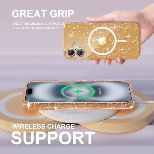 Choiche iPhone 16 Case Magnetic uchun, Ayollar uchun Shaffof Yaltiroq Bling Sparkly Case, [2x Olmos Kamera Lens Himoyachilari] [2x Temperli Shisha Ekran Himoyachilari] [MagSafe bilan mos] 6.1
