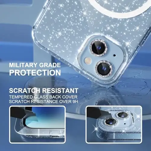 Choiche Magnetic Case for iPhone 14 Case, Women Clear Glitter Bling Sparkly Case, [2xDiamond Camera Lens Protectors] [2xTempered Glass Screen Protectors] [Compatible MagSafe] (Glitter Clear) - 5