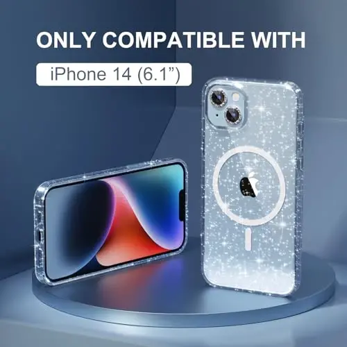 Choiche Magnetic Case for iPhone 14 Case, Women Clear Glitter Bling Sparkly Case, [2xDiamond Camera Lens Protectors] [2xTempered Glass Screen Protectors] [Compatible MagSafe] (Glitter Clear) - 2