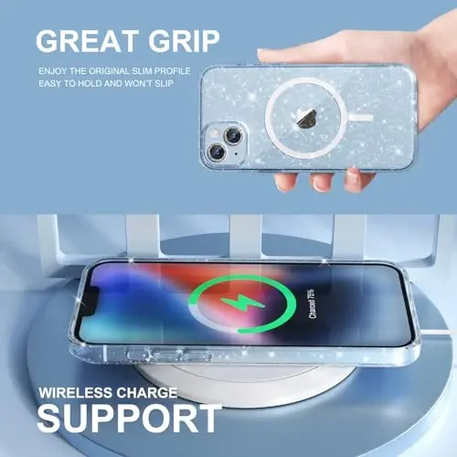 Choiche Magnetic Case for iPhone 14 Case, Women Clear Glitter Bling Sparkly Case, [2xDiamond Camera Lens Protectors] [2xTempered Glass Screen Protectors] [Compatible MagSafe] (Glitter Clear) - 6