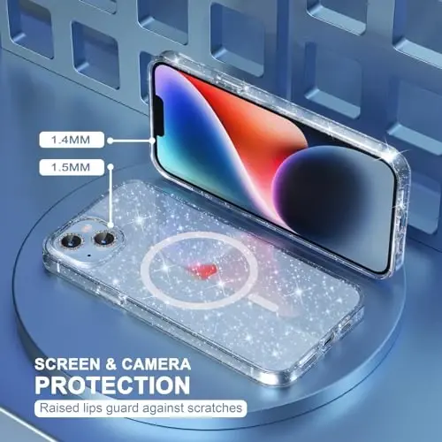 Choiche Magnetic Case for iPhone 14 Plus Case, Women Clear Glitter Bling Sparkly Case, [2xDiamond Camera Lens Protectors] [2xTempered Glass Screen Protectors] [Compatible MagSafe] (Glitter Clear) - 4