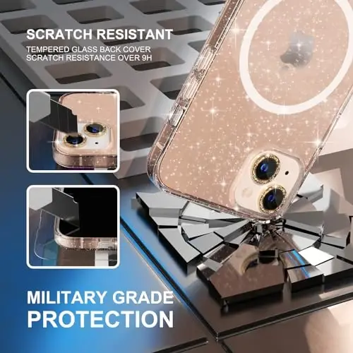 Choiche Magnetic Case for iPhone 14 Plus, Women Clear Glitter Bling Sparkly Case, [2xDiamond Camera Lens Protectors] [2xTempered Glass Screen Protectors] [Compatible MagSafe] (Glitter Gold) - 5