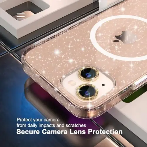 Choiche Magnetic Case for iPhone 14 Plus, Women Clear Glitter Bling Sparkly Case, [2xDiamond Camera Lens Protectors] [2xTempered Glass Screen Protectors] [Compatible MagSafe] (Glitter Gold) - 3