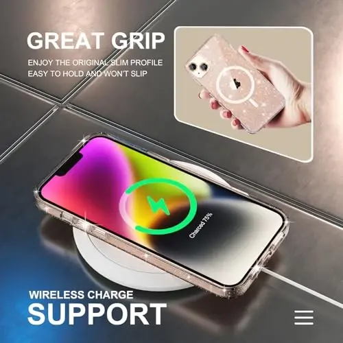 Choiche Magnetic Case for iPhone 14 Plus, Women Clear Glitter Bling Sparkly Case, [2xDiamond Camera Lens Protectors] [2xTempered Glass Screen Protectors] [Compatible MagSafe] (Glitter Gold) - 6