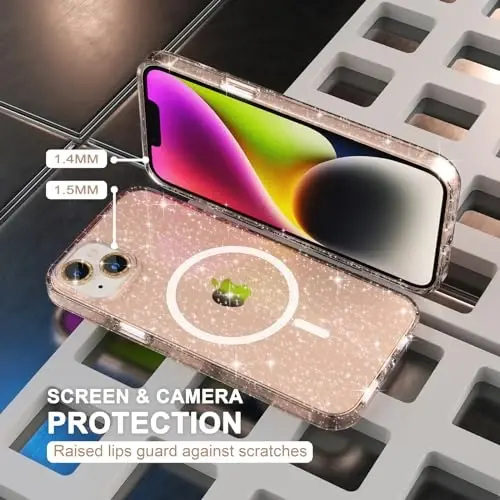 Choiche Magnetic Case for iPhone 14 Plus, Women Clear Glitter Bling Sparkly Case, [2xDiamond Camera Lens Protectors] [2xTempered Glass Screen Protectors] [Compatible MagSafe] (Glitter Gold) - 4