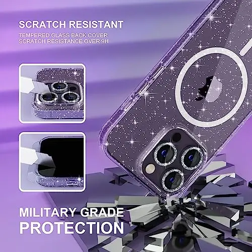 Choiche Magnetic Case for iPhone 14 Pro Case, Women Clear Glitter Bling Sparkly Case, [3xDiamond Camera Lens Protectors] [2xTempered Glass Screen Protectors] [Compatible MagSafe] (Glitter Clear) - 5