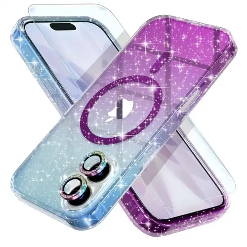 Choiche Magnetic для чехла iPhone 17, совместимый с MagSafe, милый женский блестящий чехол с защитой линз камеры со стразами, защита военного класса при падении 6,3 дюйма (синий/фиолетовый) 