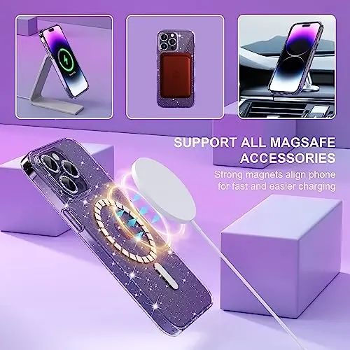 Choiche Magnetic for iPhone 14 Pro Max Case, Women Clear Glitter Bling Sparkly Case, [3xDiamond Camera Lens Protectors] [2xTempered Glass Screen Protectors] [Compatible MagSafe] (Glitter Clear) - 5
