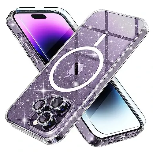 Choiche Magnetic for iPhone 14 Pro Max Case, Women Clear Glitter Bling Sparkly Case, [3xDiamond Camera Lens Protectors] [2xTempered Glass Screen Protectors] [Compatible MagSafe] (Glitter Clear) 