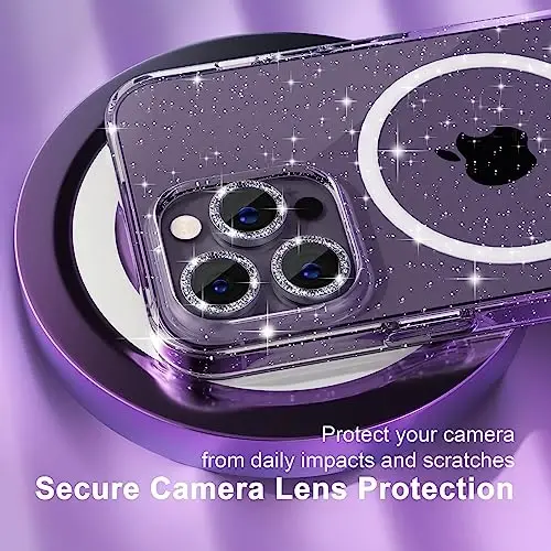 Choiche Magnetic for iPhone 14 Pro Max Case, Women Clear Glitter Bling Sparkly Case, [3xDiamond Camera Lens Protectors] [2xTempered Glass Screen Protectors] [Compatible MagSafe] (Glitter Clear) - 3