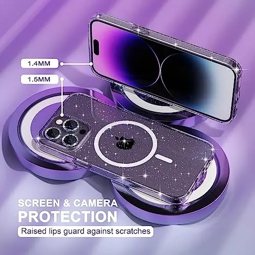 Choiche Magnetic for iPhone 14 Pro Max Case, Women Clear Glitter Bling Sparkly Case, [3xDiamond Camera Lens Protectors] [2xTempered Glass Screen Protectors] [Compatible MagSafe] (Glitter Clear) - 4