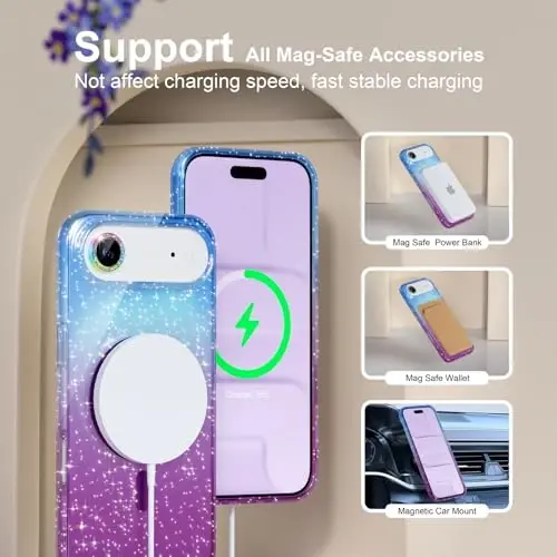 Choiche Magnetic for iPhone 17 Air Case Compatible with MagSafe, Women Cute Glitter Sparkly Phone Case with Diamond Camera Lens Protectors, Military-Grade Drop Protection 6.5