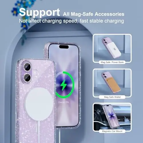 Choiche Magnetic for iPhone 17 Case Compatible with MagSafe, Women Cute Glitter Sparkly Phone Case with Diamond Camera Lens Protectors, Military-Grade Drop Protection 6.3