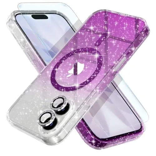 Choiche Magnetic for iPhone 17 Case Compatible with MagSafe, Women Cute Glitter Sparkly Phone Case with Diamond Camera Lens Protectors, Military-Grade Drop Protection 6.3