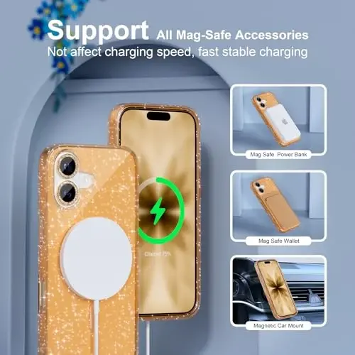Choiche Magnetic for iPhone 17 Case Compatible with MagSafe, Women Cute Glitter Sparkly Phone Case with Diamond Camera Lens Protectors, Military-Grade Drop Protection 6.3