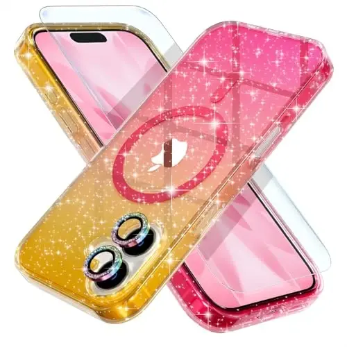 Choiche Magnetic for iPhone 17 Case Compatible with MagSafe, Women Cute Glitter Sparkly Phone Case with Diamond Camera Lens Protectors, Military-Grade Drop Protection 6.3