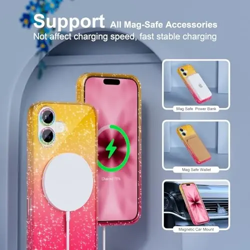 Choiche Magnetic for iPhone 17 Case Compatible with MagSafe, Women Cute Glitter Sparkly Phone Case with Diamond Camera Lens Protectors, Military-Grade Drop Protection 6.3