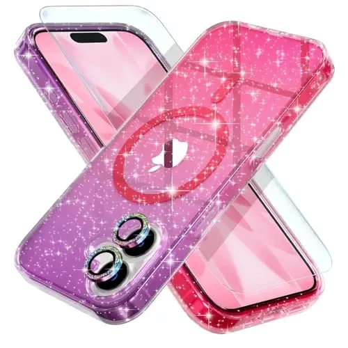 Choiche Magnetic for iPhone 17 Case Compatible with MagSafe, Women Cute Glitter Sparkly Phone Case with Diamond Camera Lens Protectors, Military-Grade Drop Protection 6.3