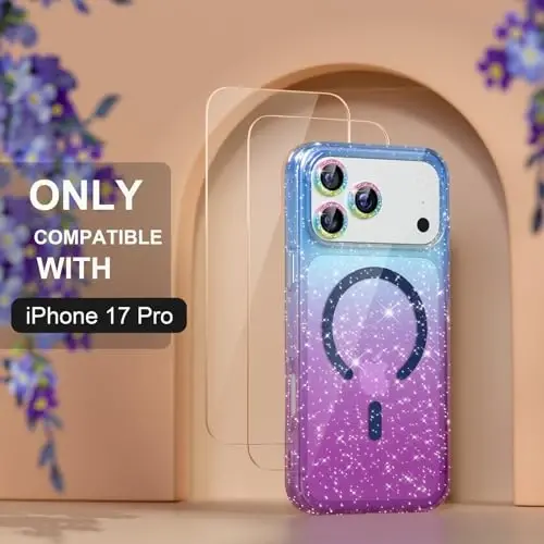 Choiche Magnetic for iPhone 17 Pro Case Compatible with MagSafe, Women Cute Glitter Sparkly Phone Case with Diamond Camera Lens Protectors, Military-Grade Drop Protection 6.3