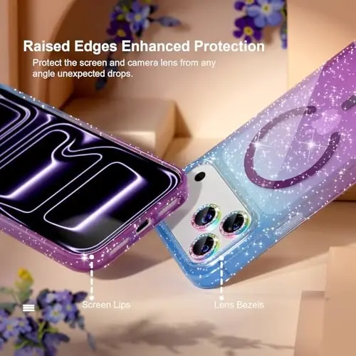 Choiche Magnetic for iPhone 17 Pro Case Compatible with MagSafe, Women Cute Glitter Sparkly Phone Case with Diamond Camera Lens Protectors, Military-Grade Drop Protection 6.3