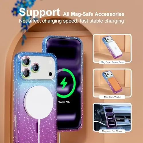 Choiche Magnetic for iPhone 17 Pro Case Compatible with MagSafe, Women Cute Glitter Sparkly Phone Case with Diamond Camera Lens Protectors, Military-Grade Drop Protection 6.3