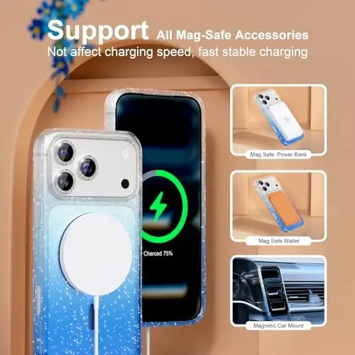 Choiche Magnetic for iPhone 17 Pro Case Compatible with MagSafe, Women Cute Glitter Sparkly Phone Case with Diamond Camera Lens Protectors, Military-Grade Drop Protection 6.3