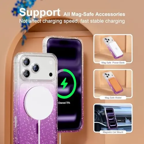 Choiche Magnetic for iPhone 17 Pro Case Compatible with MagSafe, Women Cute Glitter Sparkly Phone Case with Diamond Camera Lens Protectors, Military-Grade Drop Protection 6.3
