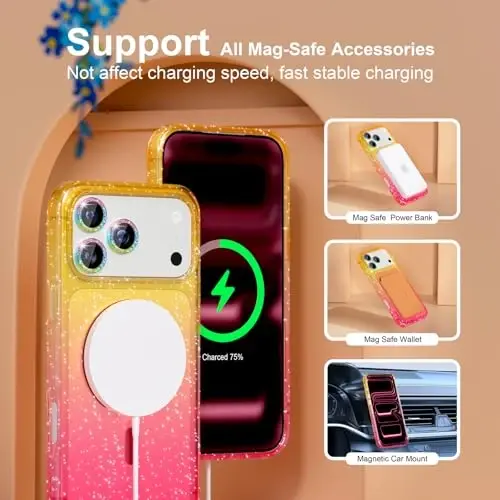 Choiche Magnetic for iPhone 17 Pro Case Compatible with MagSafe, Women Cute Glitter Sparkly Phone Case with Diamond Camera Lens Protectors, Military-Grade Drop Protection 6.3