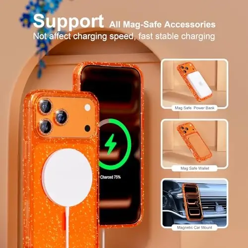 Choiche Magnetic for iPhone 17 Pro Case Compatible with MagSafe, Women Cute Glitter Sparkly Phone Case with Diamond Camera Lens Protectors, Military-Grade Drop Protection 6.3