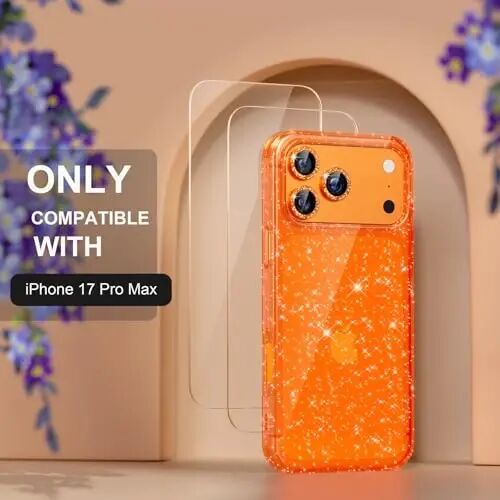 Choiche Compatible for iPhone 17 Pro Max Case, Women Cute Clear Glitter Bling Sparkly Case, [3 x Diamond Camera Lens Protectors] [2 x Tempered Glass Screen Protectors] 6.9-inch (Glitter Orange) - 2