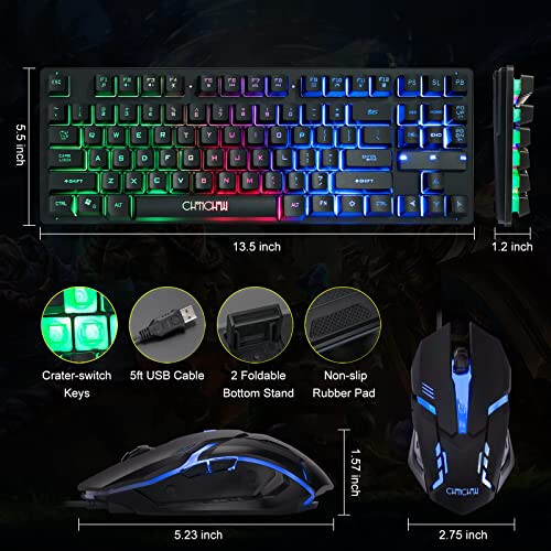 CHONCHOW 87 Keys TKL Gaming Keyboard and Mouse Combo, Wired LED Rainbow Backlit Keyboard 800-3200 DPI RGB Mouse, Gaming for PS4 Xbox PC Laptop Mac - 10